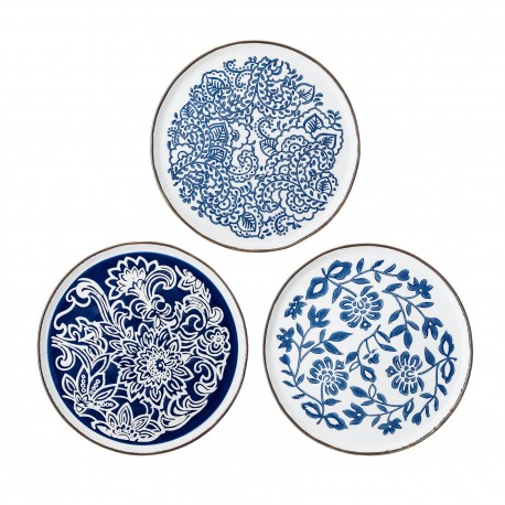 bloomingville assietes peintes main motif fleuri bleu set de 3 molly