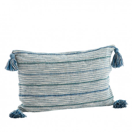 madam stoltz housse coussin rectangulaire bleu pompons coton recycle