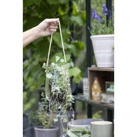 cache pot en verre transparent suspendu sur corde jute ib laursen