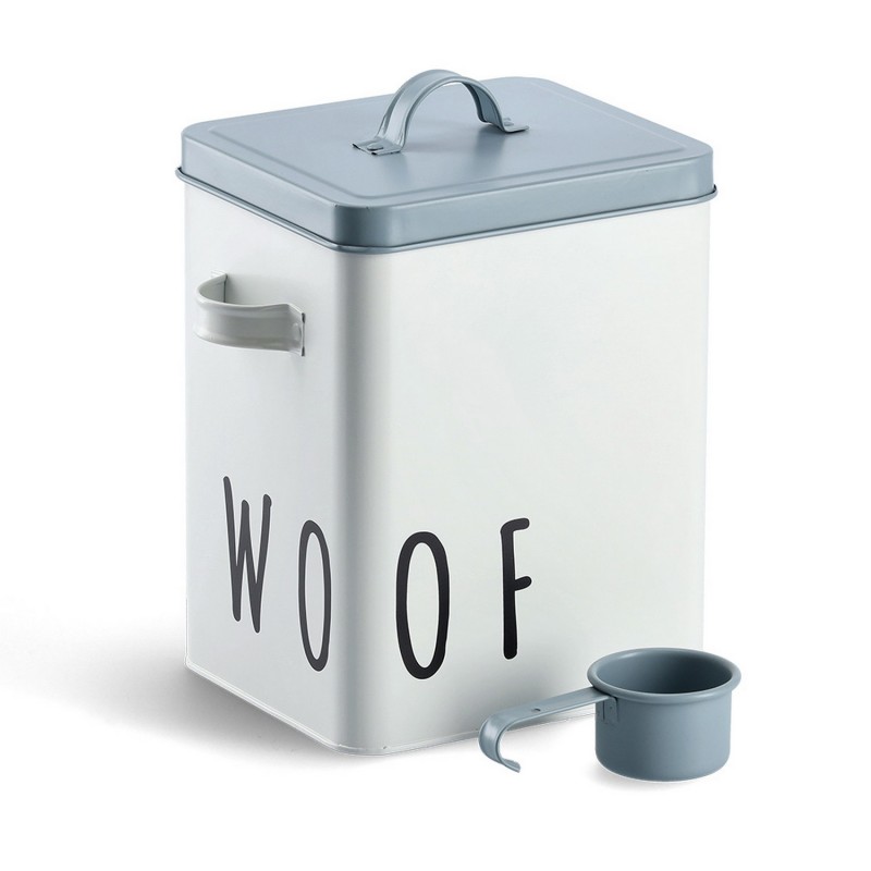 Boîte à croquettes pour chien en métal blanc et couvercle en bambou