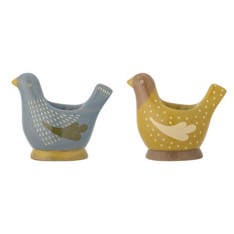 coquetier poule gres bleu jaune bloomingville birdy set de 2