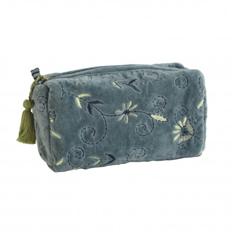 pochette de toilette velours brode floral bleu madam stoltz