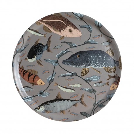 Plateau de service rond bois motif poissons Nordra Sweden