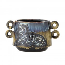 Cache pot decoratif gres emaille bleu jaune Bloomingville Walton