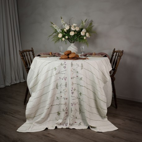 Nappe en lin blanc motif floral qualite Nordra Sweden 140 x 280 cm