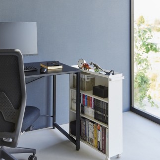 etagere bibliotheque basse a roulettes acier blanc yamazaki tower