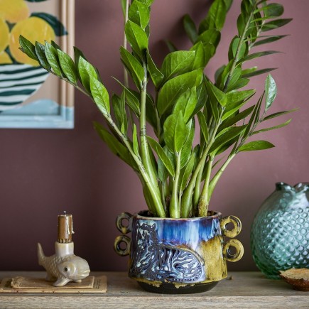 Cache pot decoratif gres emaille bleu jaune Bloomingville Walton