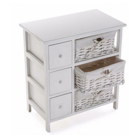 Commode de rangement bois blanc avec 3 paniers tressés et 3 tiroirs Versa