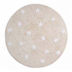 Runder Kinderteppich aus Baumwolle, beige, weiße Sterne, maschinenwaschbar, Lorena Canals, D 140 cm